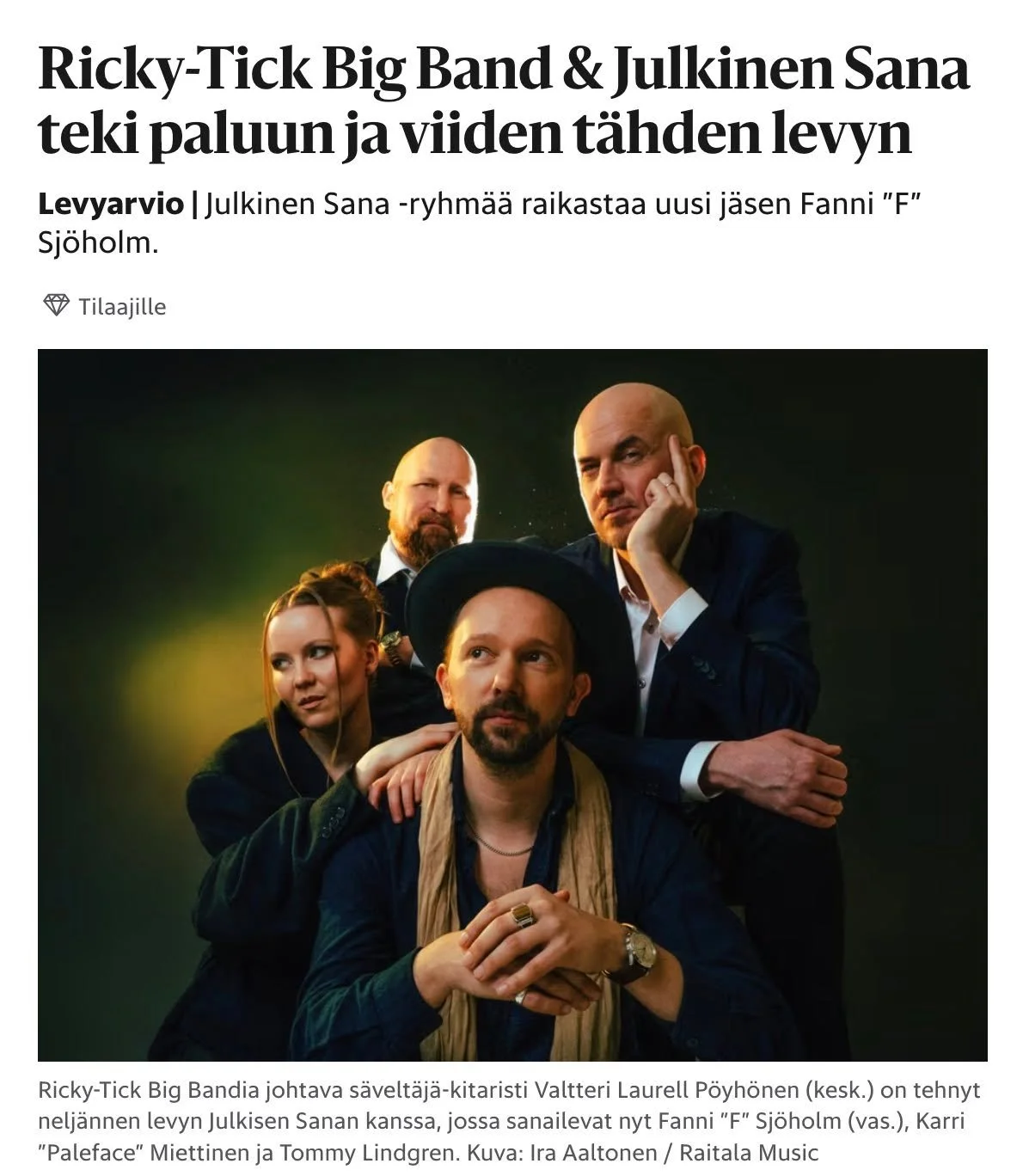 Ricky-Tick Big Band &amp; Julkinen Sana -kollektiivin nelj&auml;s levy Liikkuu sai Helsingin Sanomien kriitikko Harri Uusitorpalta 5 t&auml;hte&auml; ja upean arvostelun! ⭐⭐⭐⭐⭐

Julkaisua juhlitaan Helsingin Kulttuuritalolla 8.-9.5.26  kolmen levynju