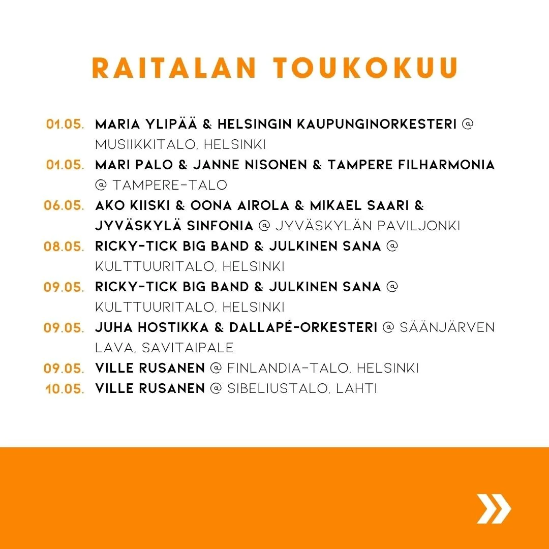 Tervetuloa Raitalan artistien konsertteihin toukokuussa! 

#raitalamusic #kuukaudenkeikat
