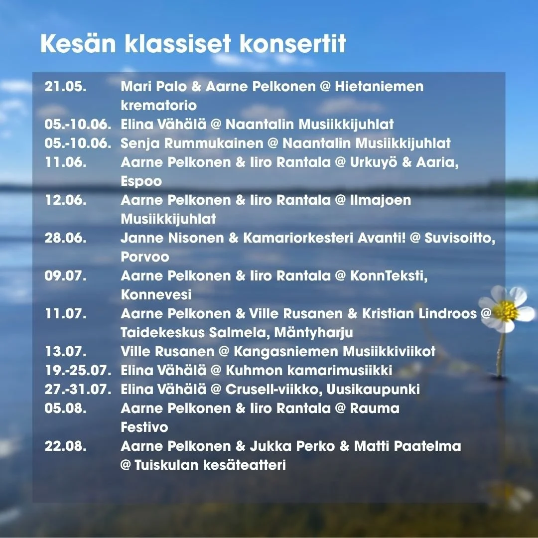 Raitalan upeita artisteja voi kes&auml;n aikana kuulla useilla arvostetuilla klassisen musiikin festivaaleilla ja tapahtumissa ymp&auml;ri Suomen ☀️ Tervetuloa konsertteihin!
 
@naantalinmusiikkijuhlat 
@urkuyofestival 
@ilmajoenmusiikkijuhlat 
@avan