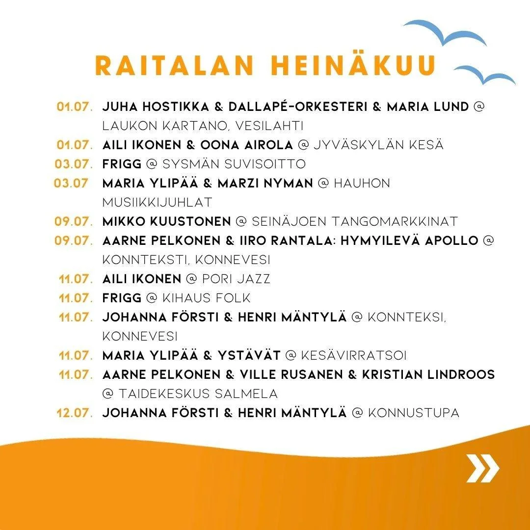 Tervetuloa Raitalan artistien konsertteihin hein&auml;kuussa! 🌼

#raitalamusic #kuukaudenkeikat