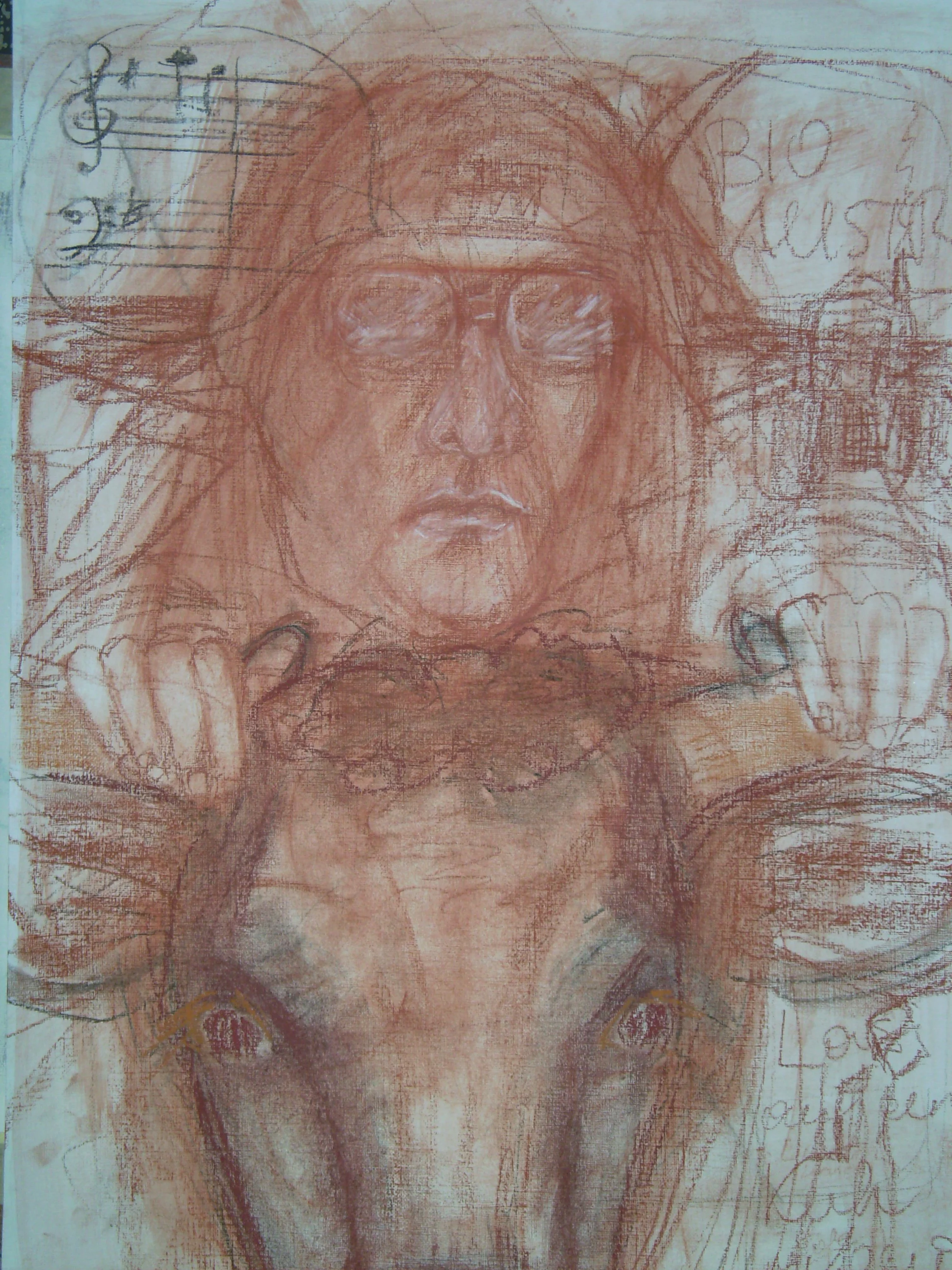 L auf Kuh reitend, Mischtechnik auf Papier, 42x58cm