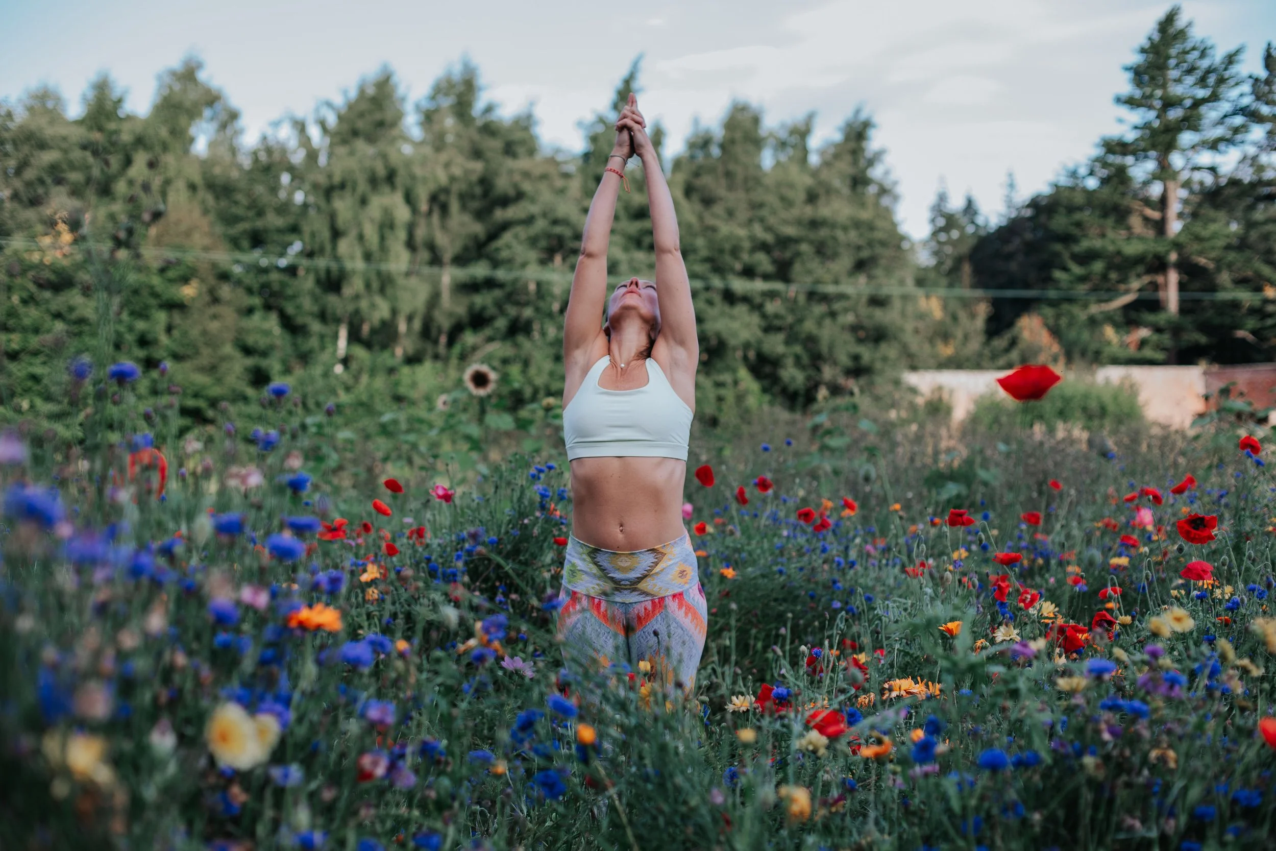 Kinship.Studio Yoga. East Lothian. Pyruus Botanicals . Field of Flowers. High Mountain Pose.