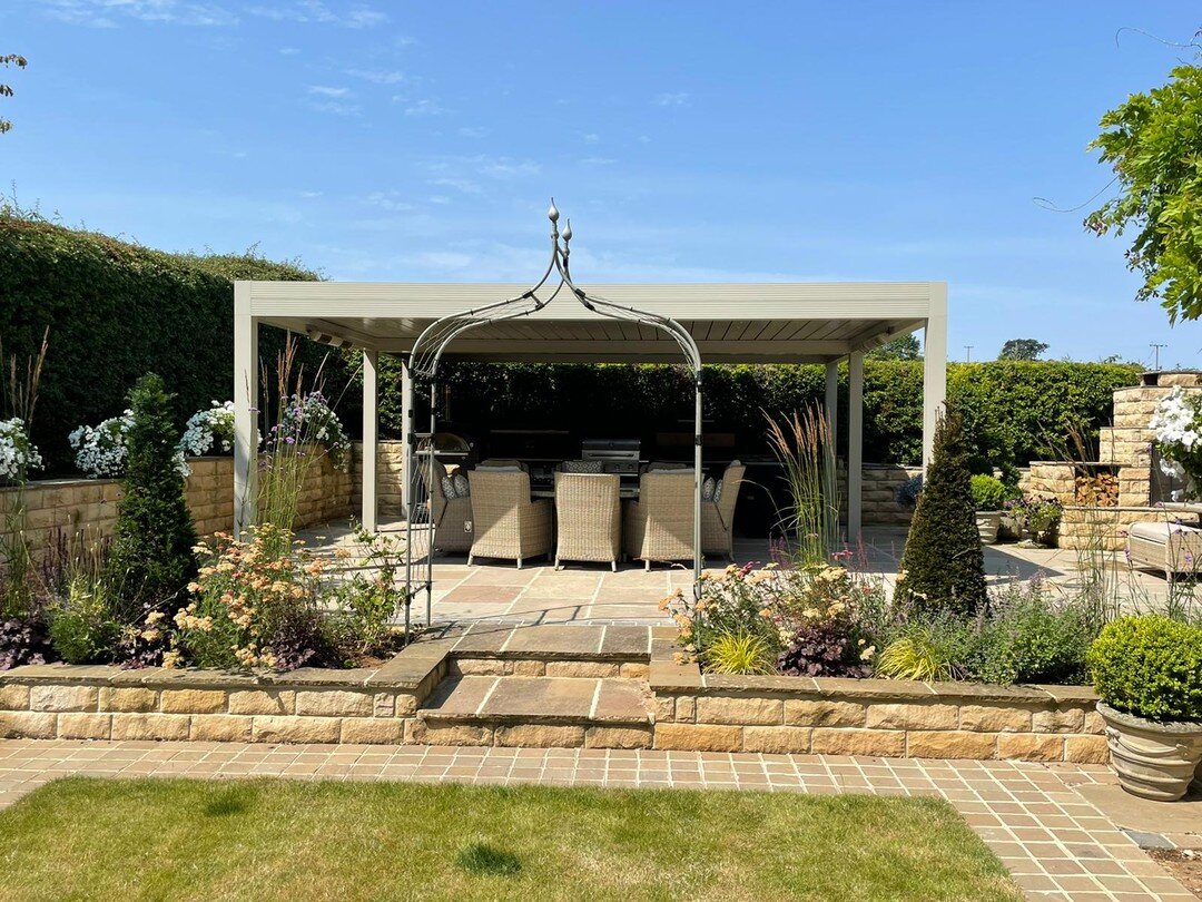 Coupled louvered canopy installation in Wetherby, perfect garden solution for outdoor dining and entertaining 365 days of the year.#gardendesign #gardeninglife #gardeninspiration  #outdoorliving
