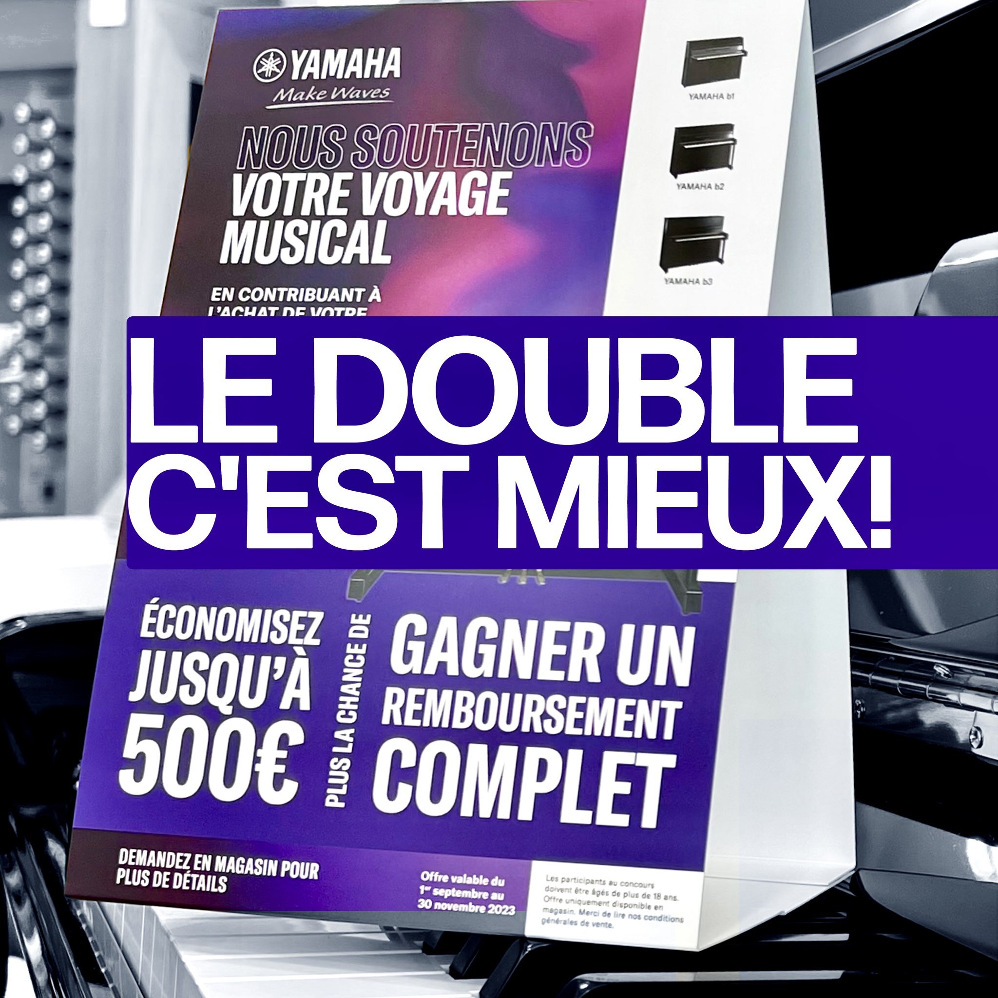 Wat ass besser w&eacute;i eng Remise: Eng duebel Remise!😁
Mir verduebelen d'Remise vu Yamaha op d'Instrumenter vun der Serie B. Aus 500&euro; ginn der 1000&euro; beim Kaf vun engem Yamaha B3 zum Beispill. Wann dat net eng onwidderst&eacute;ilech Off