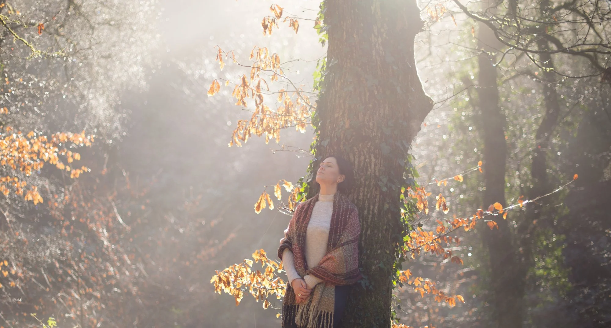A woman leaning against a tree trunk with her eyes closed in a sunlit forest during fall, with orange leaves on the branches and sunlight filtering through the trees.