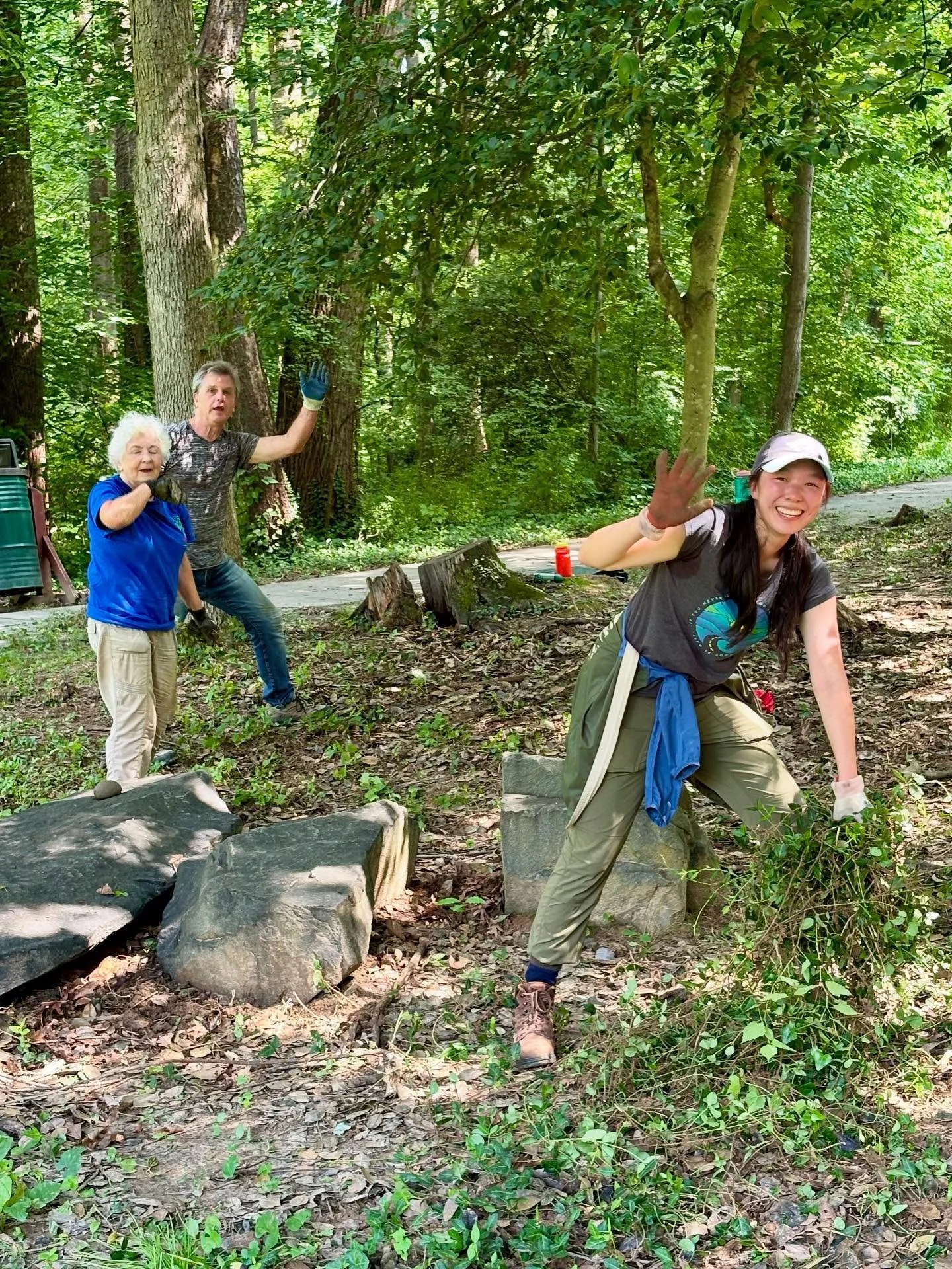 It was a steamy morning in McLean Central Park, so our group was a bit smaller than usual, but we enjoyed the shade of the native trees and spent some time removing the winter creeper and English ivy from the ground near the gazebo.  Thanks to our he