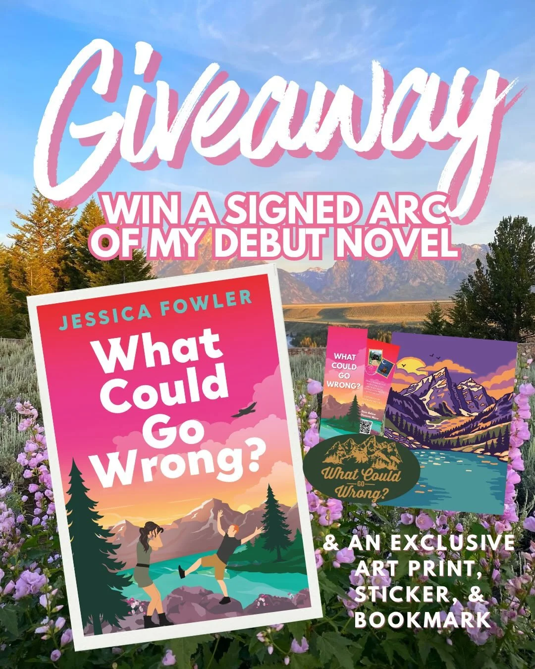 It&rsquo;s time for another GIVEAWAY 🎉🎉🎉

To celebrate I&rsquo;m giving away a ✨Signed✨ARC of my debut rom-com WHAT COULD GO WRONG?

What you&rsquo;ll win:
💕A signed Arc of my book
⛰️An exclusive postcard
📖A double sided bookmark
🎉A sticker!

A