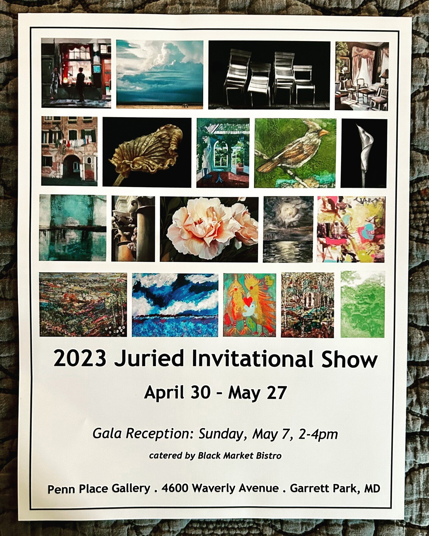 Third day, third painting drop off! Whew! This time a bit closer to home at the beautiful Penn Place Gallery in Garrett Park, MD.

I picked up this flyer with photos of all the artwork juried into this invitational exhibit. Mine is top left. :) The s