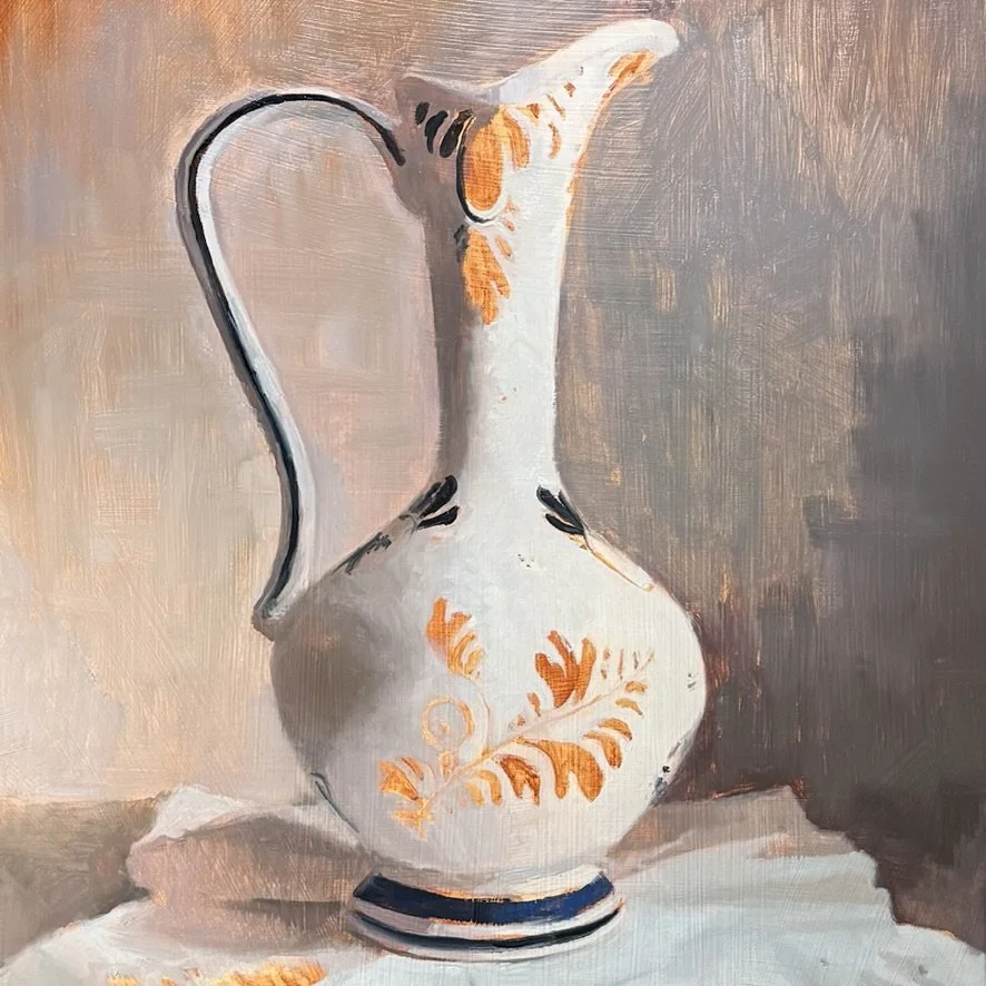 A painting of a white vase with orange and black floral patterns, placed on a white cloth, against a soft, muted background.