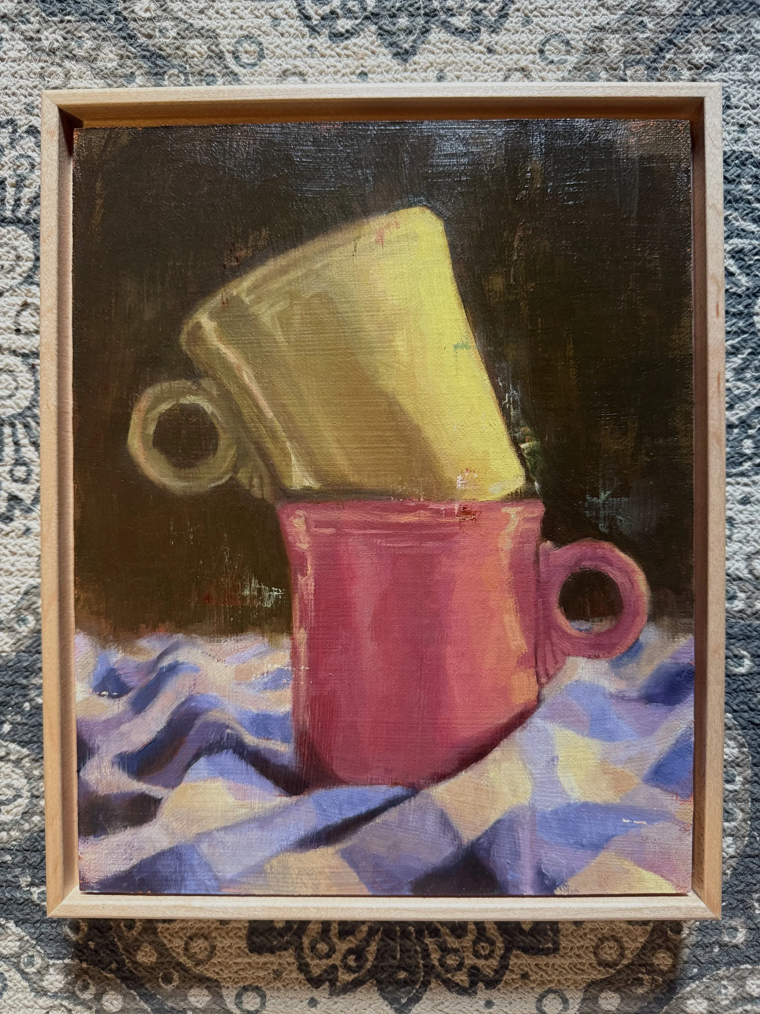 Cups on Checkered Napkin . oil on panel . 8"x10" . 2026