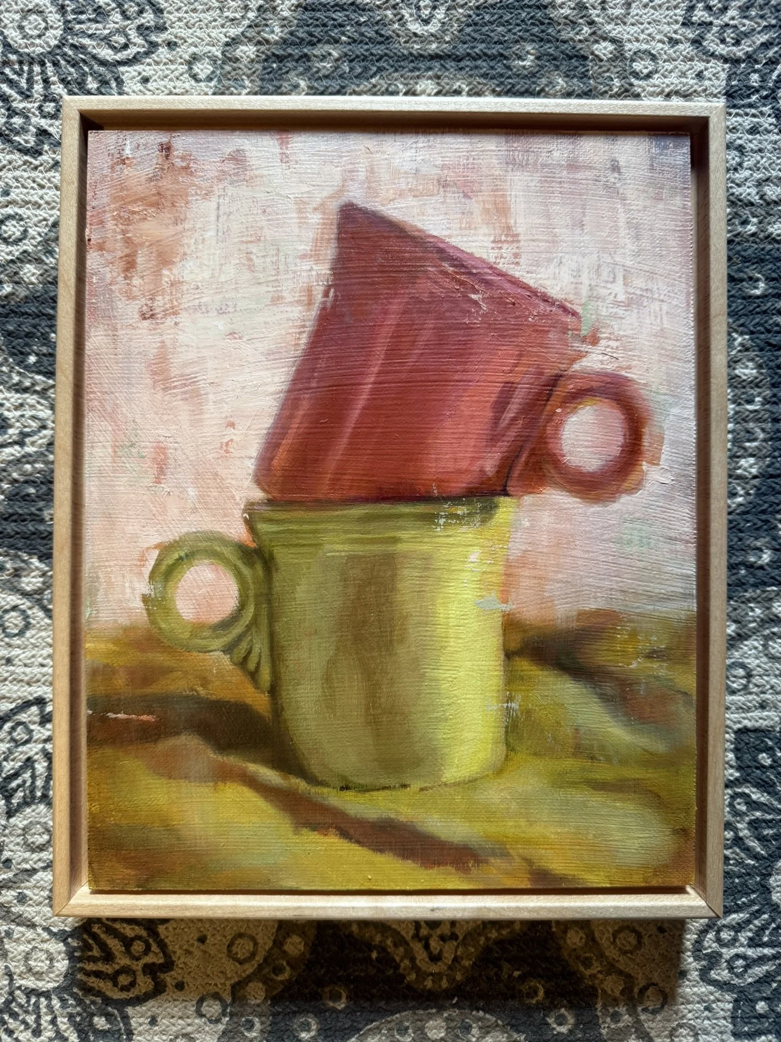 Cups on Yellow Napkin . oil on panel . 8"x10" . 2026