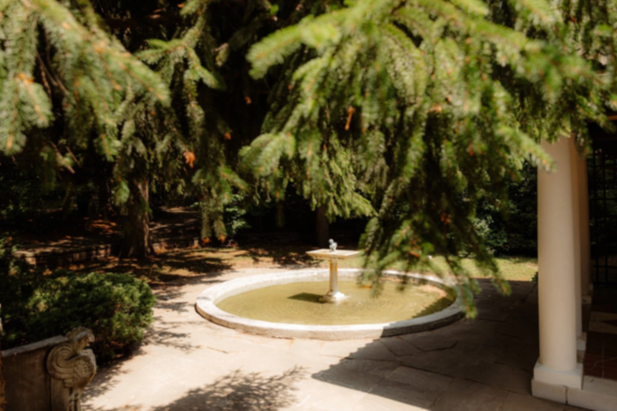 A small outdoor fountain surrounded by greenery and trees, with a garden statue and a railing.