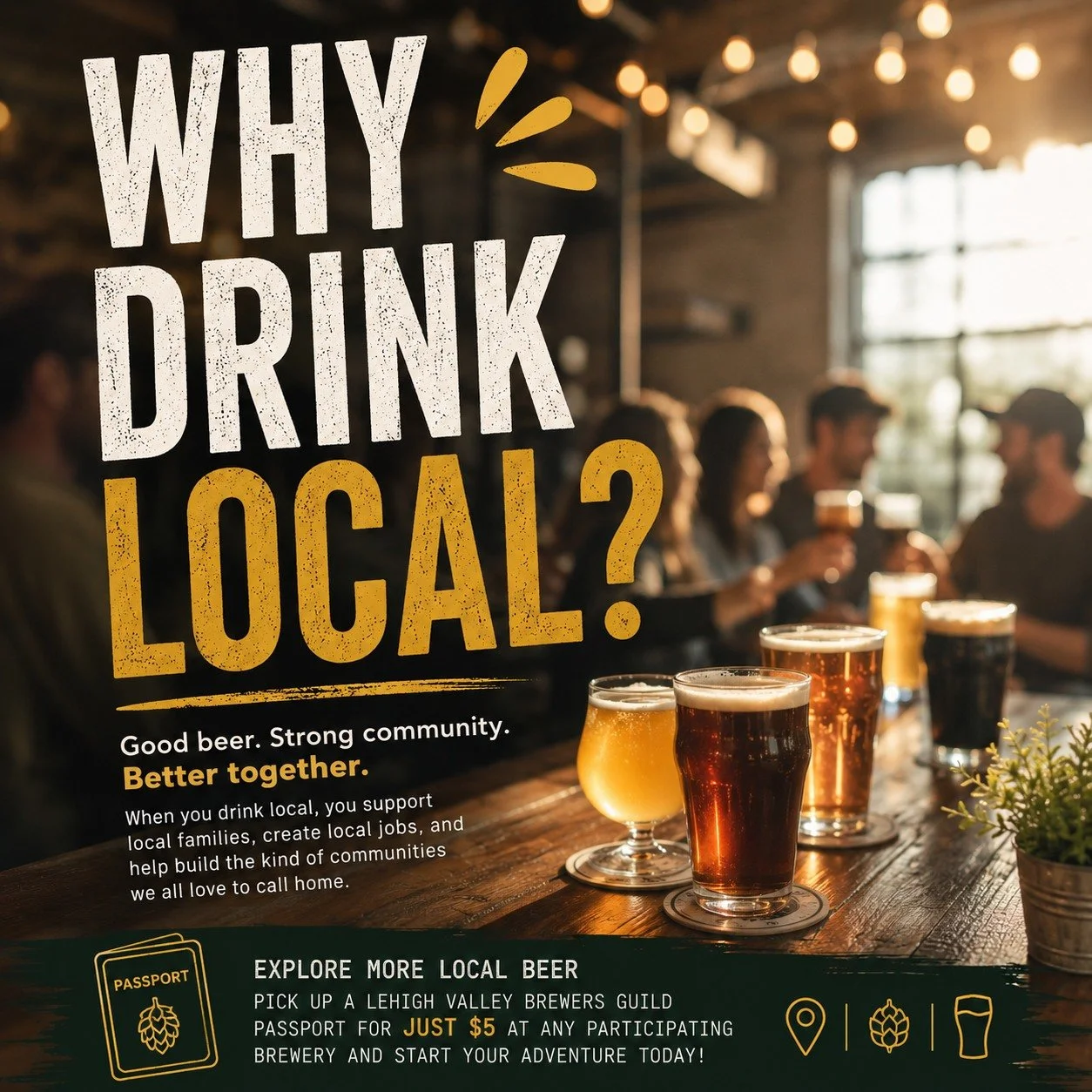 🍻 WHY DRINK LOCAL? 🍻
.
.
Behind every local pint is a story.
.
.
A family chasing a dream. Friends turning a hobby into a brewery. Businesses investing in their communities, supporting local causes, and creating spaces where people gather, celebrat