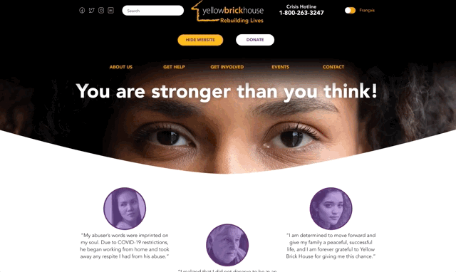 Gif showing testimonials and "Hide Website" button feature