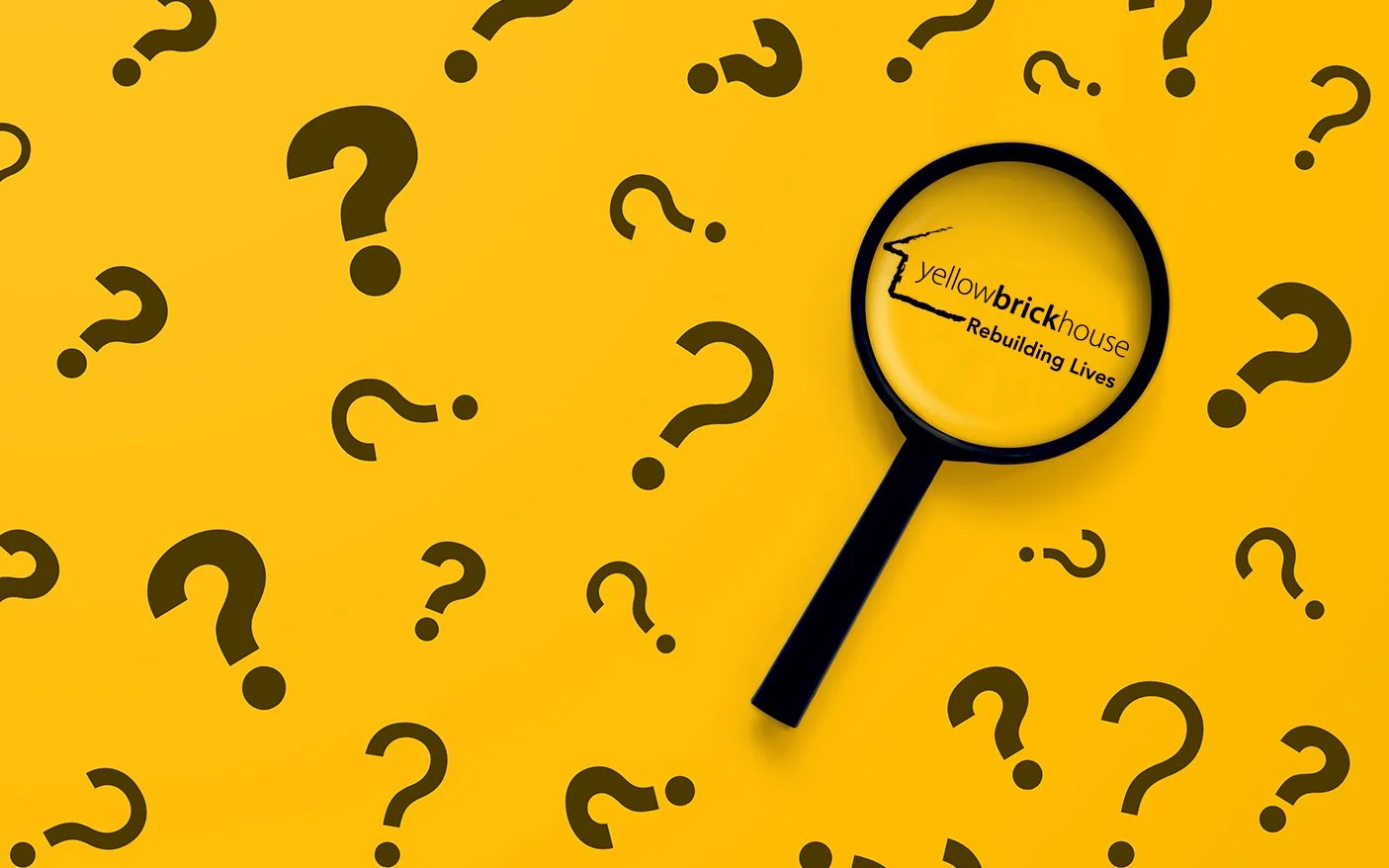 Background with question marks with magnfying glass on Yellow Brick House logo