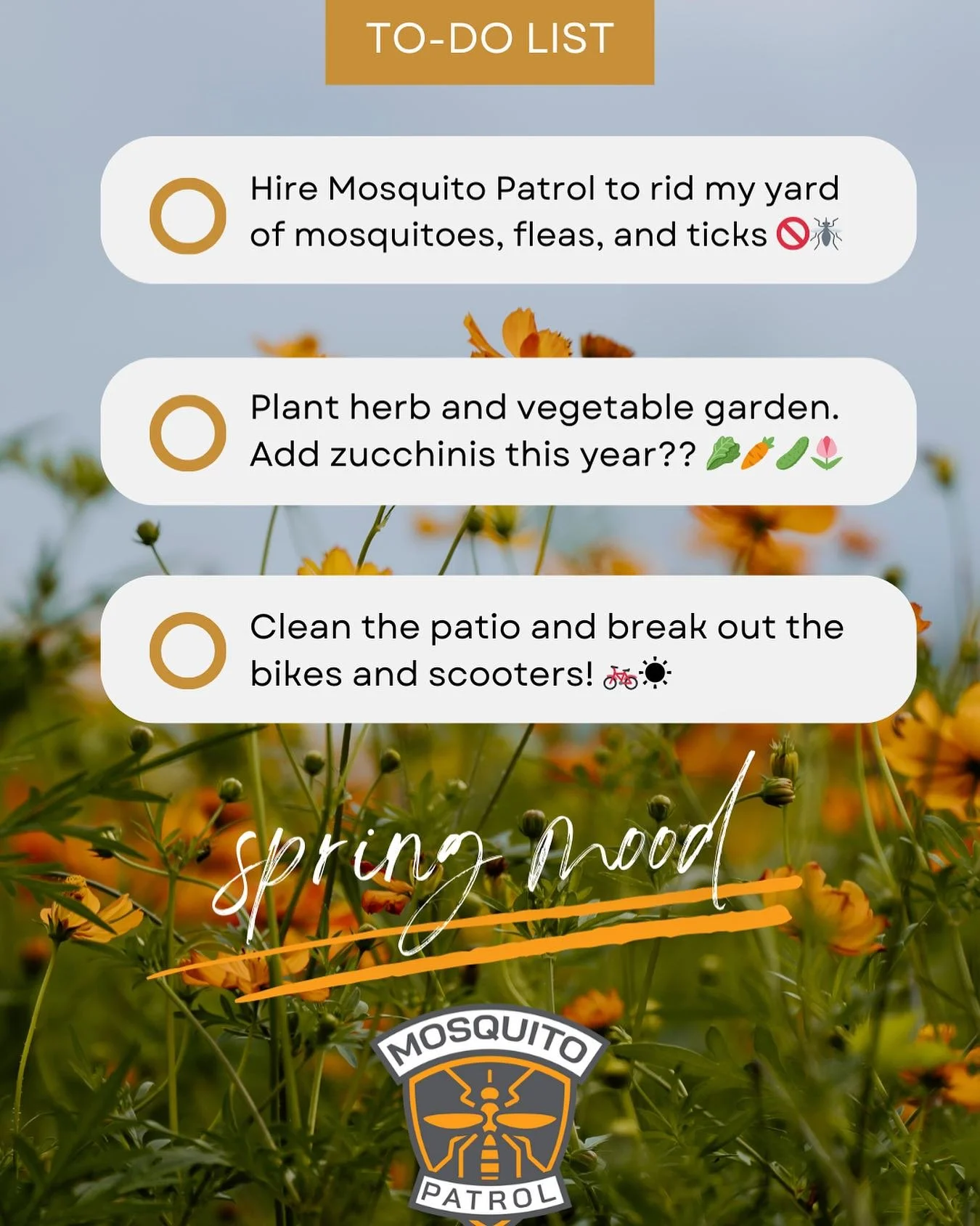 Spring is here!! 🌸🌷🌼🌱 We&rsquo;re getting our outdoor spaces ready for fun&hellip;and that means banishing mosquitoes and ticks before they take over. 🦟🚫
✅✅✅ Get your checklist done! Tell your friends and neighbors so you&rsquo;re protected eve