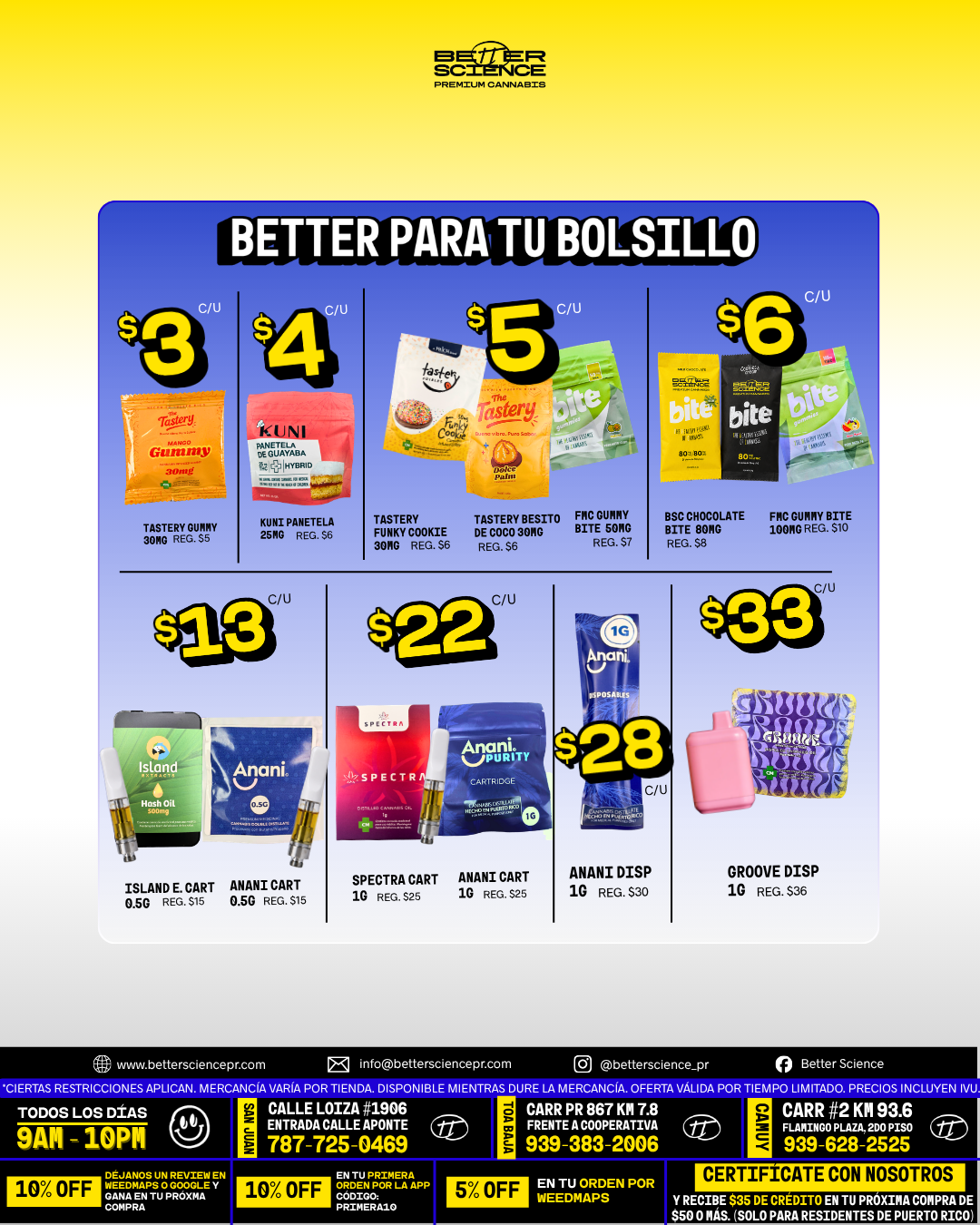 Precios especiales en comestibles, cartuchos y vaporizadores desechables seleccionados desde $3. Ofertas para pacientes de cannabis medicinal en Puerto Rico. Better Science