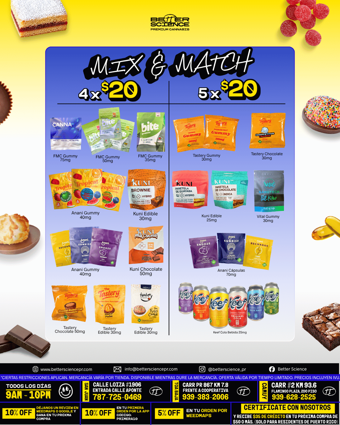 Promoción de dulces y bebidas con paquetes de gomitas, chocolates, cápsulas, y latas de refrescos, con texto en español y fondo amarillo.