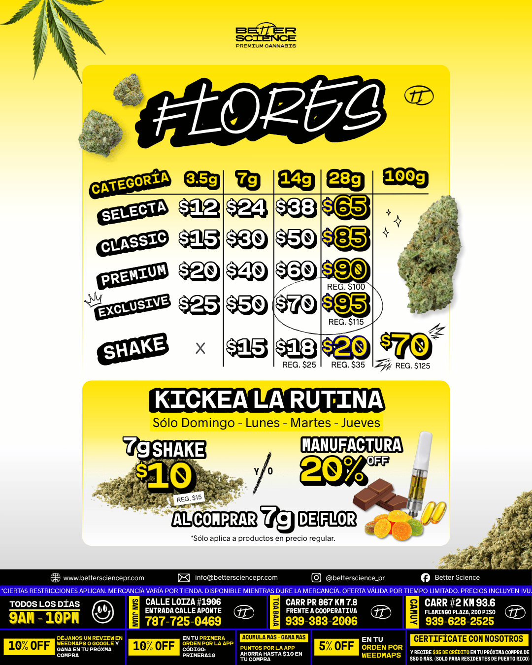 Publicidad de flores de cannabis de diferentes categorías y precios, con descuentos en productos y promociones especiales para ciertos días y compras.