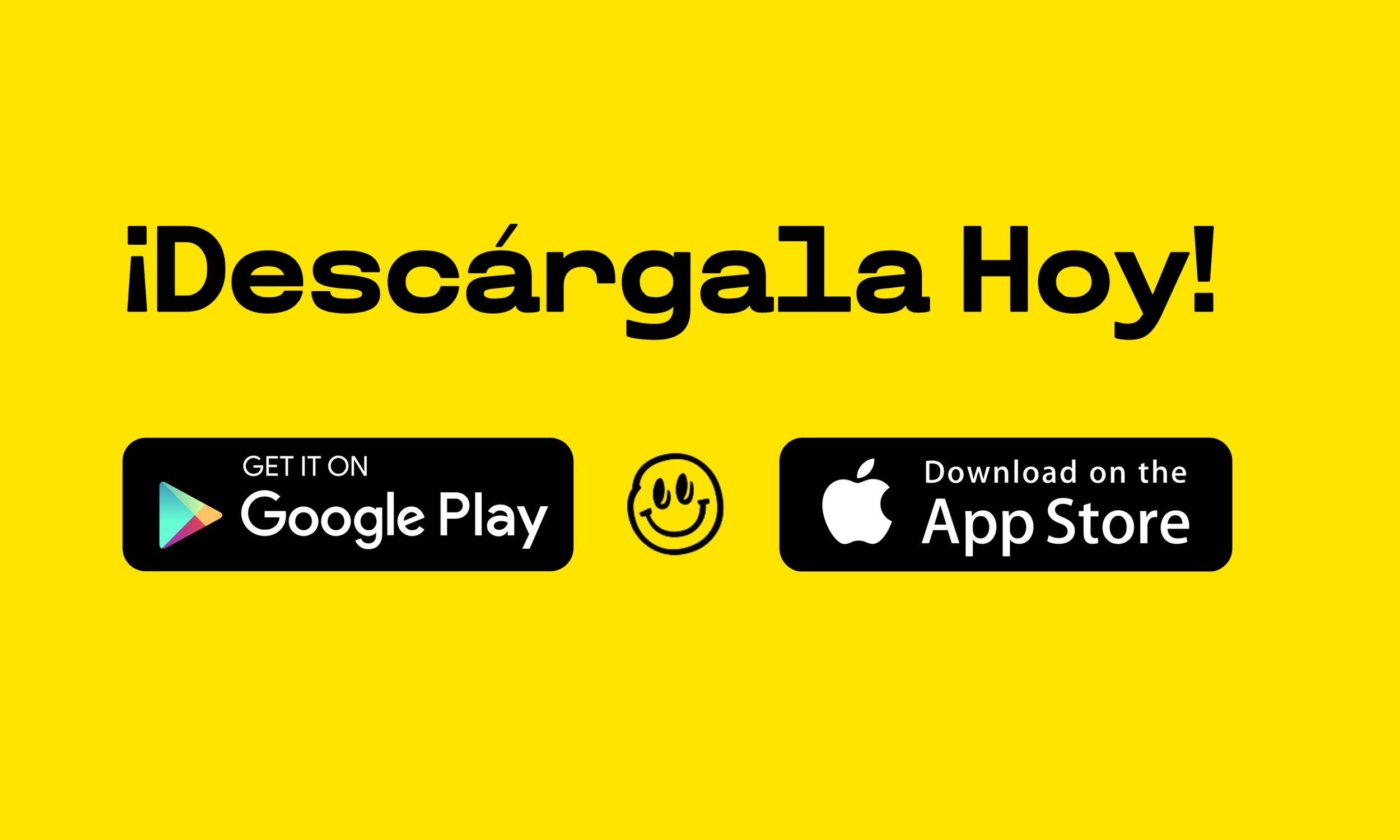 Screen prompting users to download an app, with options for Google Play and the App Store on a yellow background.