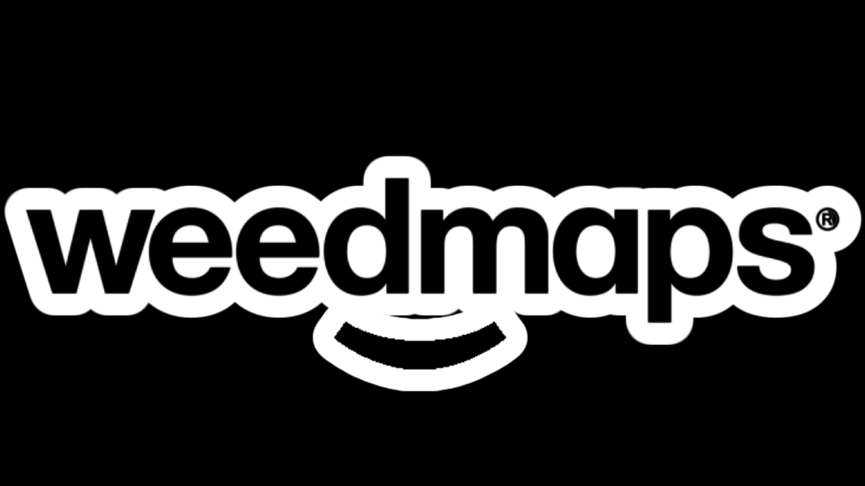 Logotipo de WeedMaps con letras blancas en fondo negro, y con una sonrisa debajo de las letras.