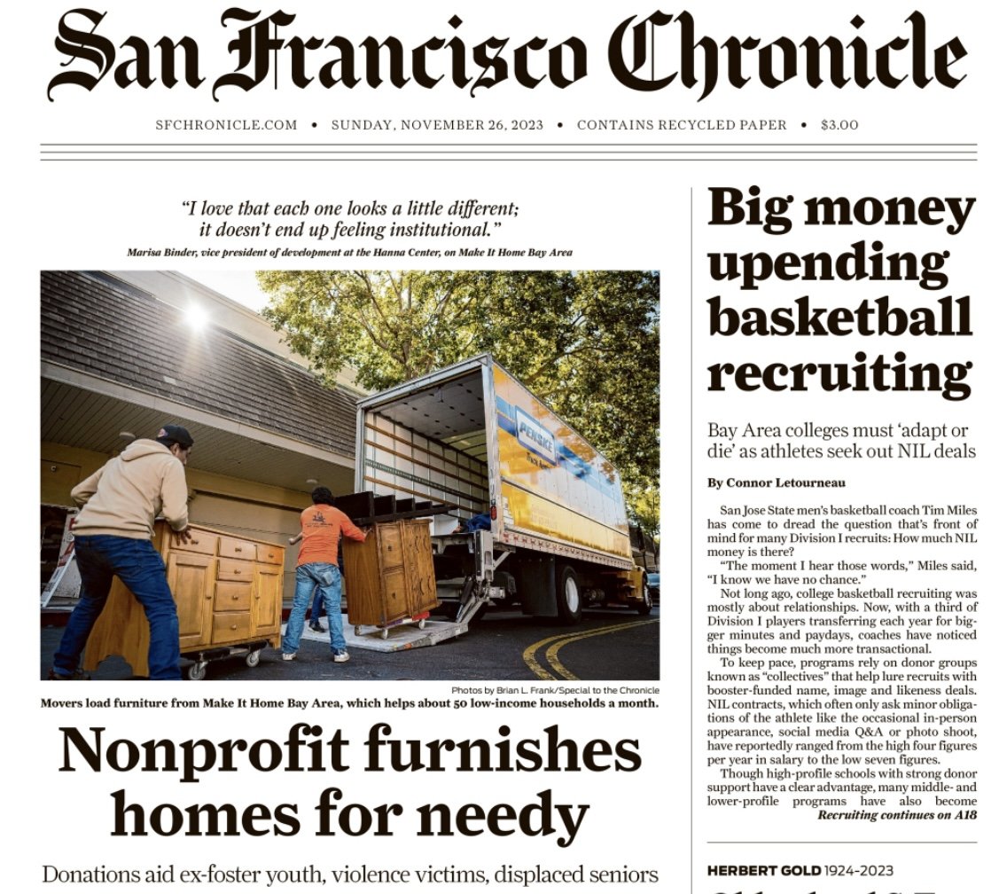 San Francisco Chronicle front page Sunday November 26, 2023