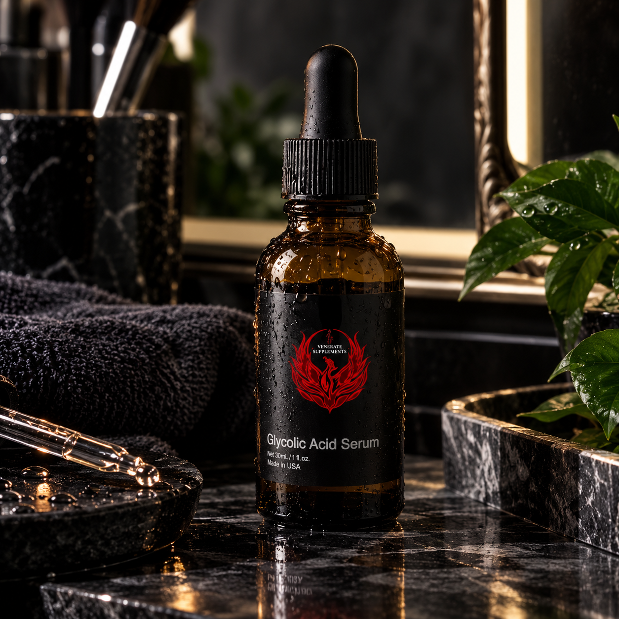 Venerate exfoliating glycolic acid serum in a premium skincare setting