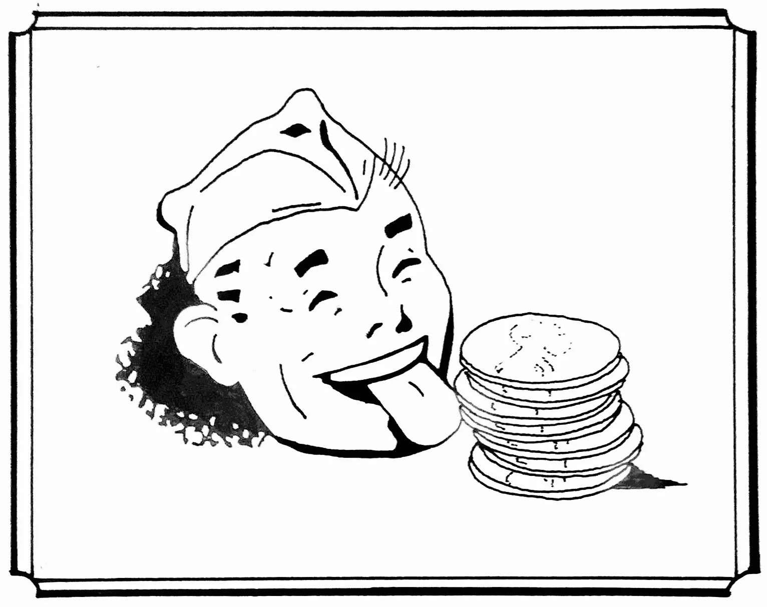 A cartoon drawing of a woman with curly hair, wearing a chef's hat, sticking out her tongue, with a stack of pancakes beside her.