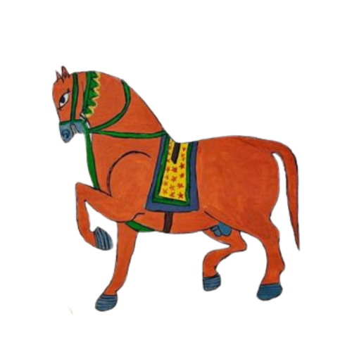 Drawing of a brown horse with a green bridle and saddle, standing on its hind legs.