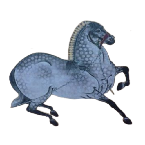 A spotted inflatable horse with a blue and gray pattern, rearing up on its hind legs.