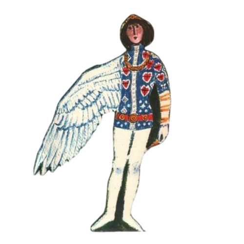A paper cutout figure of a person with one wing, wearing a blue sweater with red hearts, white pants, and a red belt, with dark curly hair and pink cheeks.