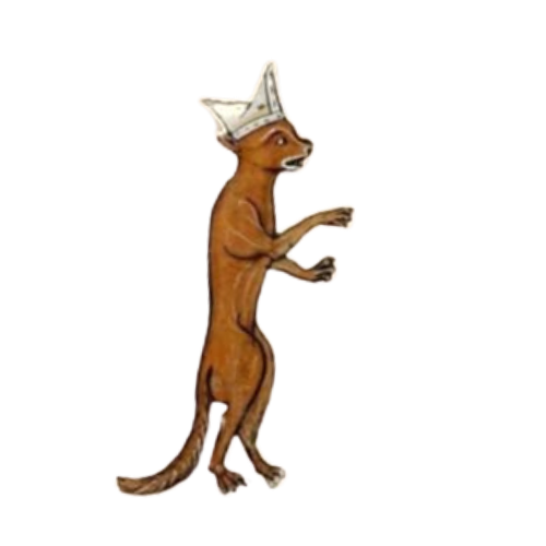 A cartoon meerkat wearing a paper crown, standing upright, with its front paws raised, against a colorful striped background.