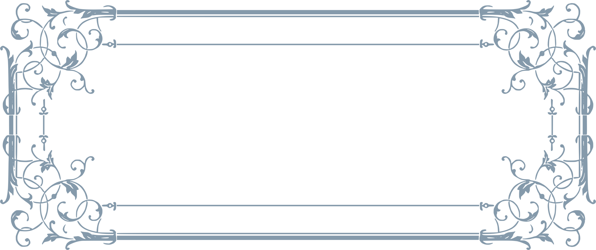 Empty ornate decorative frame with intricate scrollwork and floral details in blue on a black background.