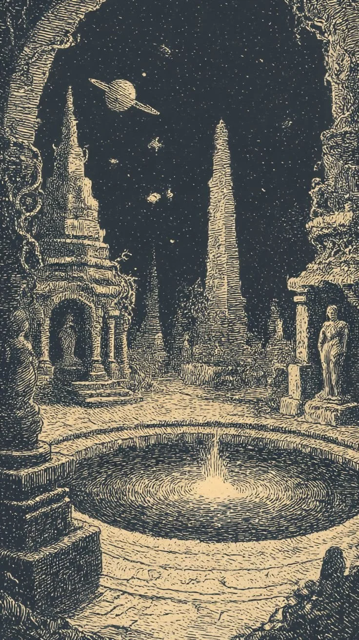 Artistic depiction of a celestial scene with ancient ruins, statues, tall obelisks, a starry sky, a planet with rings, and a small fountain in the foreground.