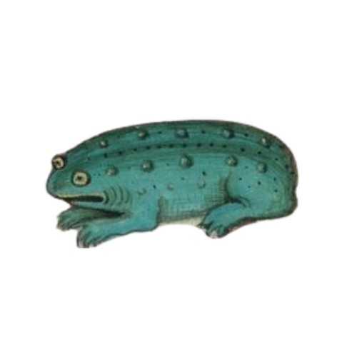 A drawing of a blue amphibian with green spots and bulging eyes.