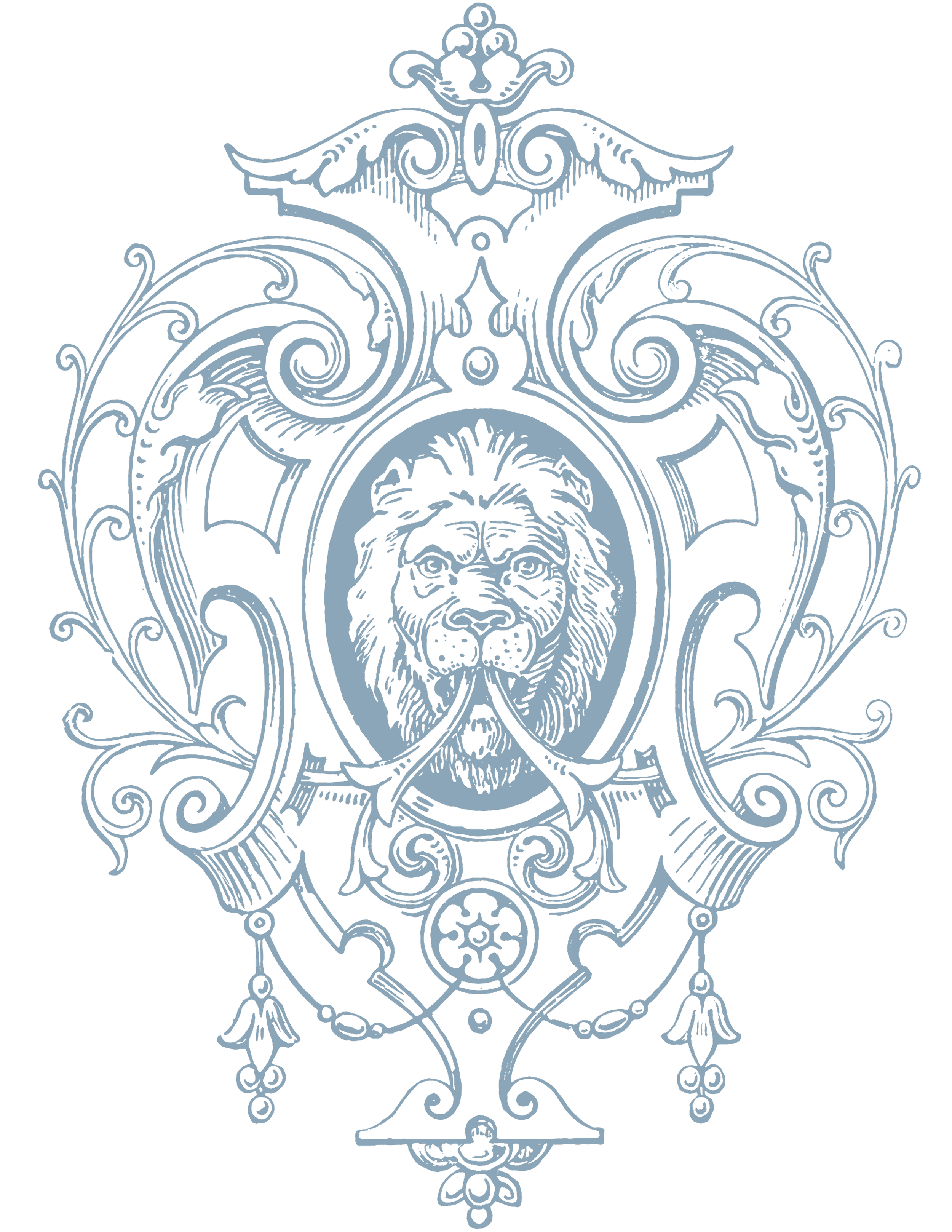 Ornate decorative design in black and blue featuring a lion's head in the center, with intricate swirling patterns and elements resembling wings, leaves, and abstract motifs.