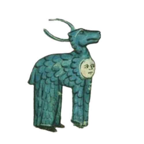 A sculpture of a creature with a goat's head and horns, a human face on its chest, and a body covered in blue, scale-like patterns. Medieval art.