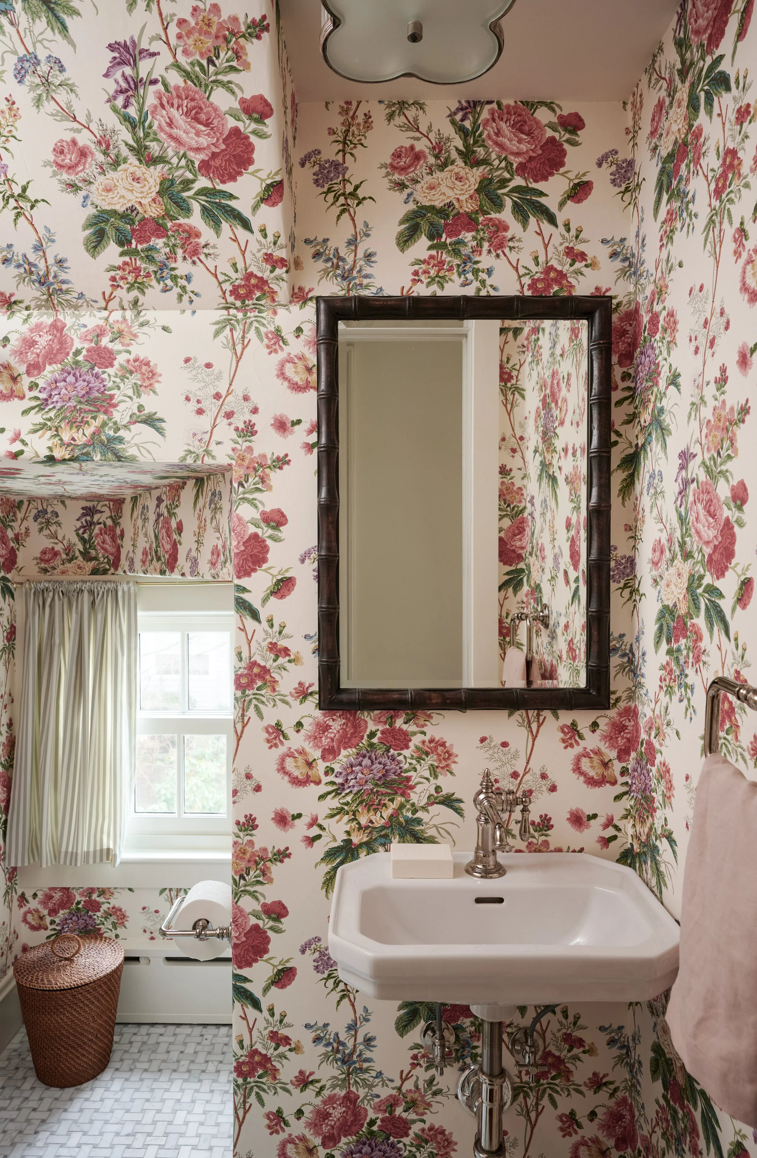 tiny powder bathroom bold floral wallpaper