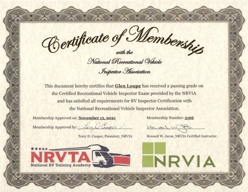  TREK RV Glen Loupe Certificate of Membership NRVTA NRVIA 
