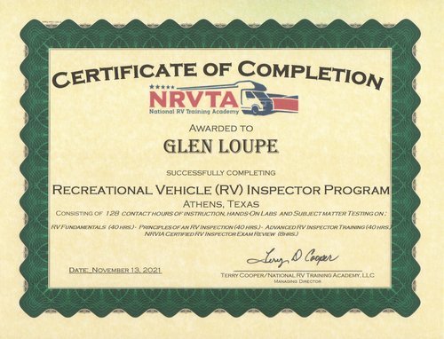  TREK RV Glen Loupe NRVTA Certificate of Competion 