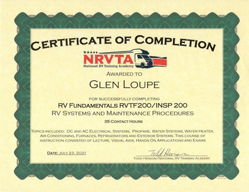  TREK RV Glen Loupe NRVTA Certificate of Completion 