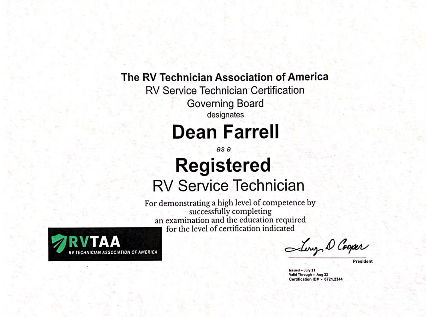  TREK RV Dean Farrell Registered RV Service Technician 