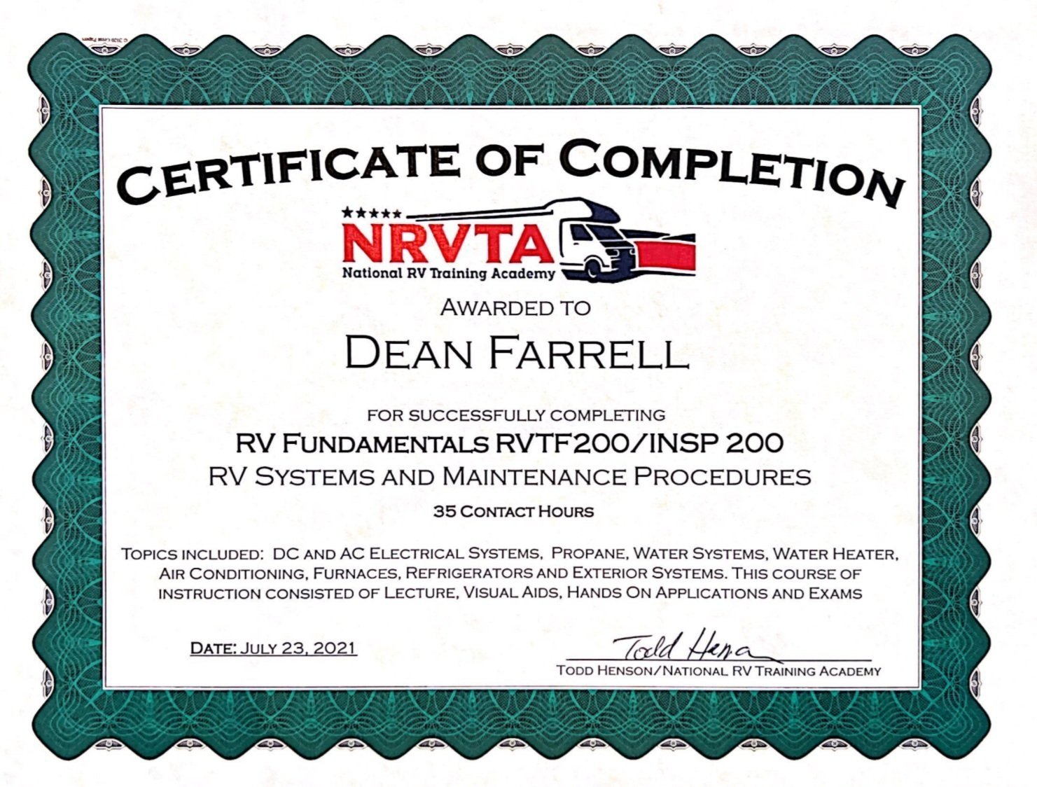  TREK RV Dean Farrell Certificate of Completion NRVTA 