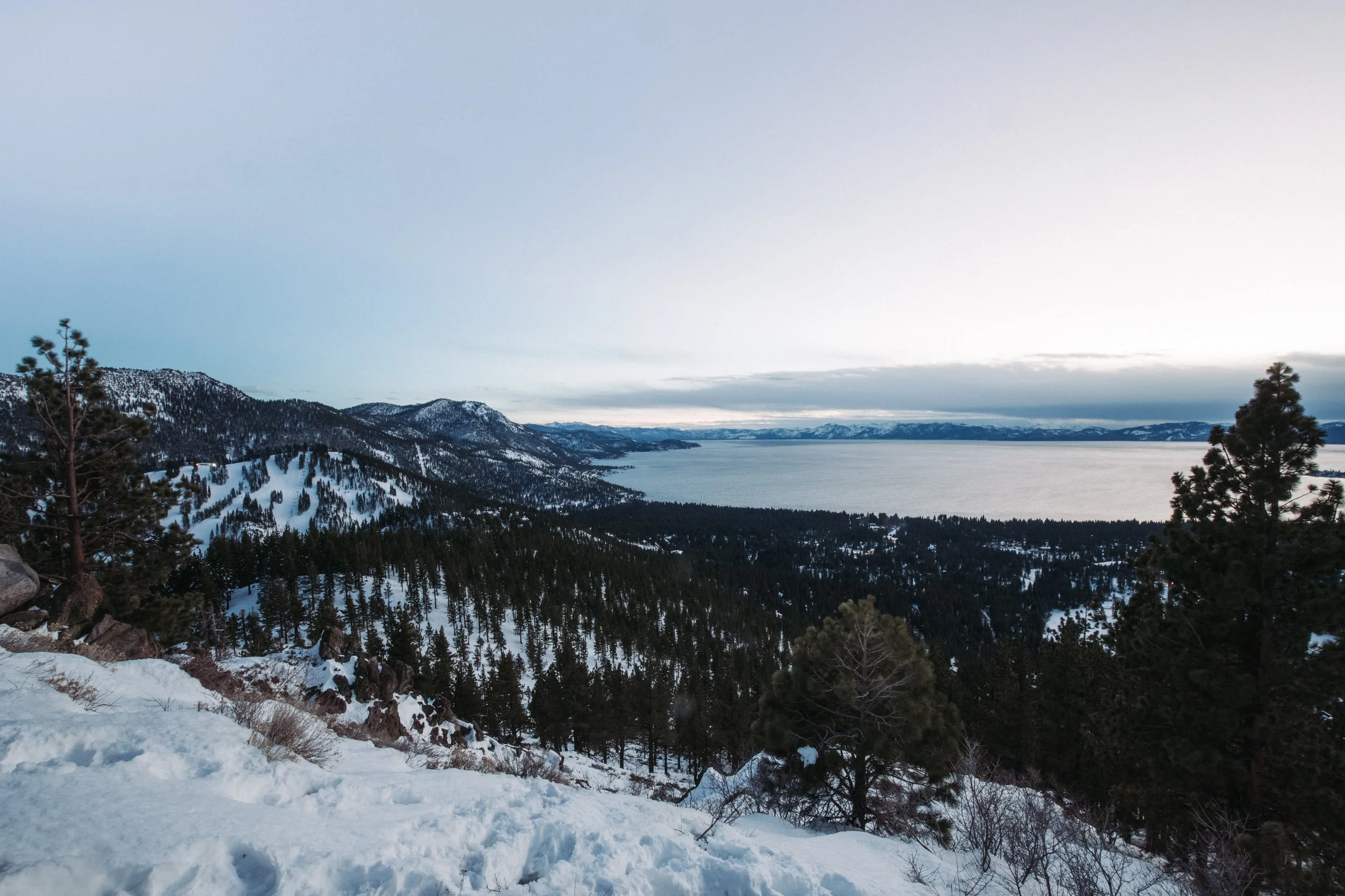 Snow-covered mountains and a lake with pine trees.