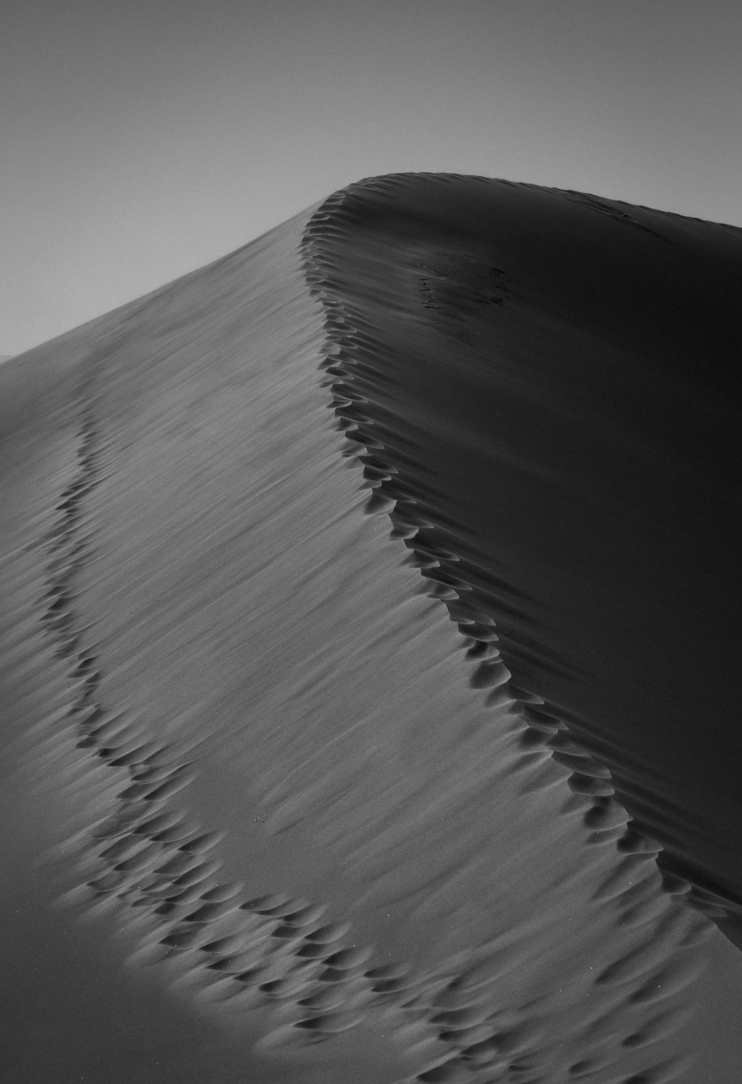 Black and white photo of a sand dune with wind patterns and ripples.