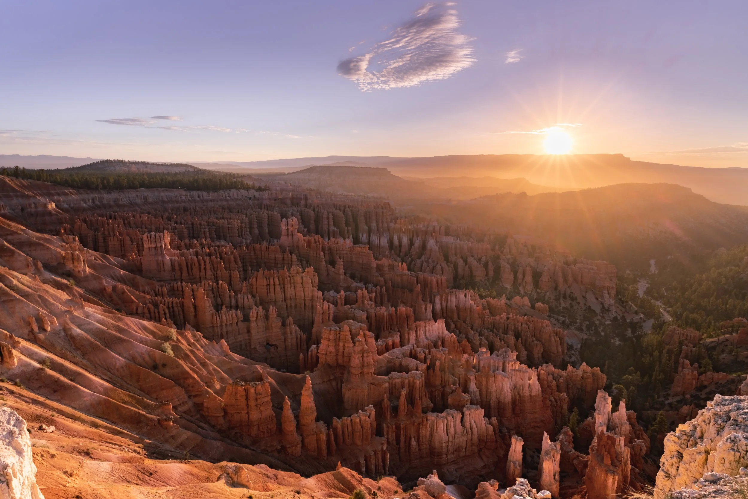 Bryce Canyon National Park at sunrise with hoodoos and sun rays