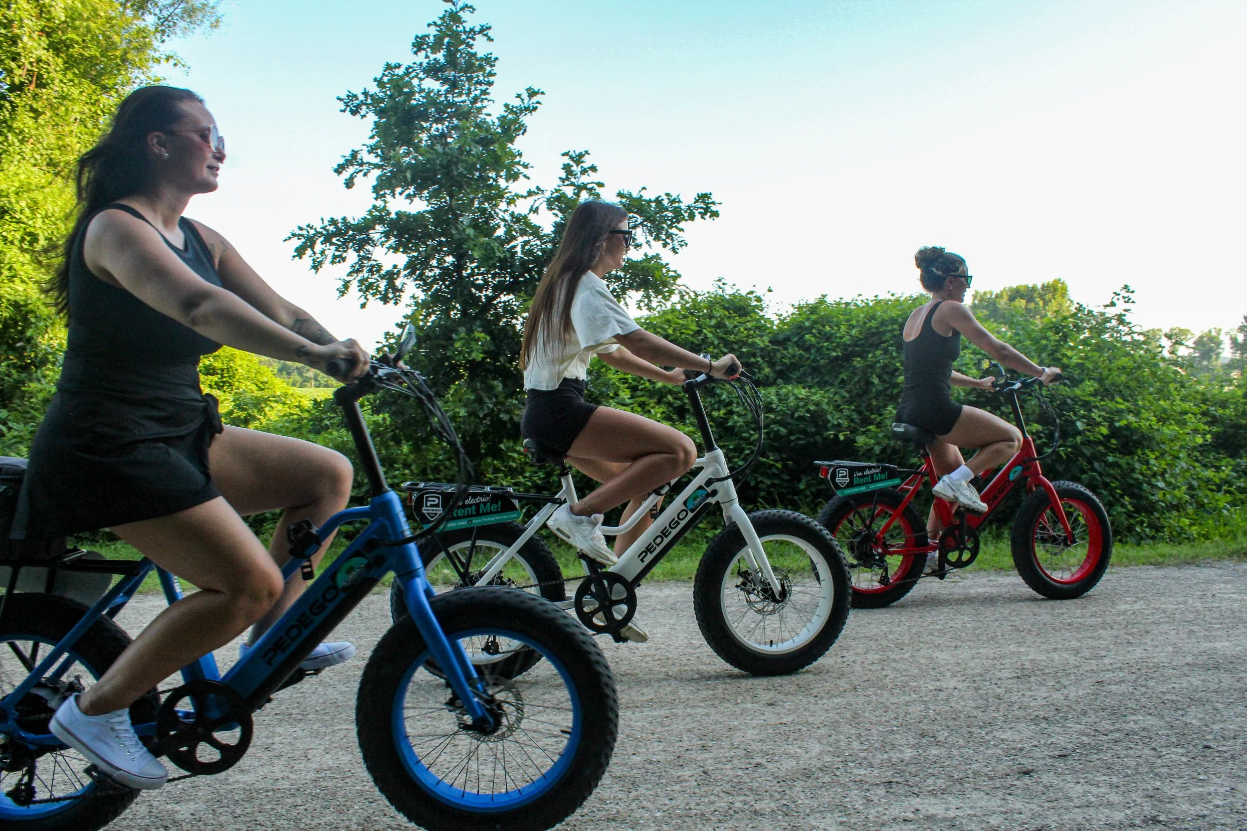 A group of women riding bicycles on a dirt path surrounded by green trees and bushes on a sunny day.