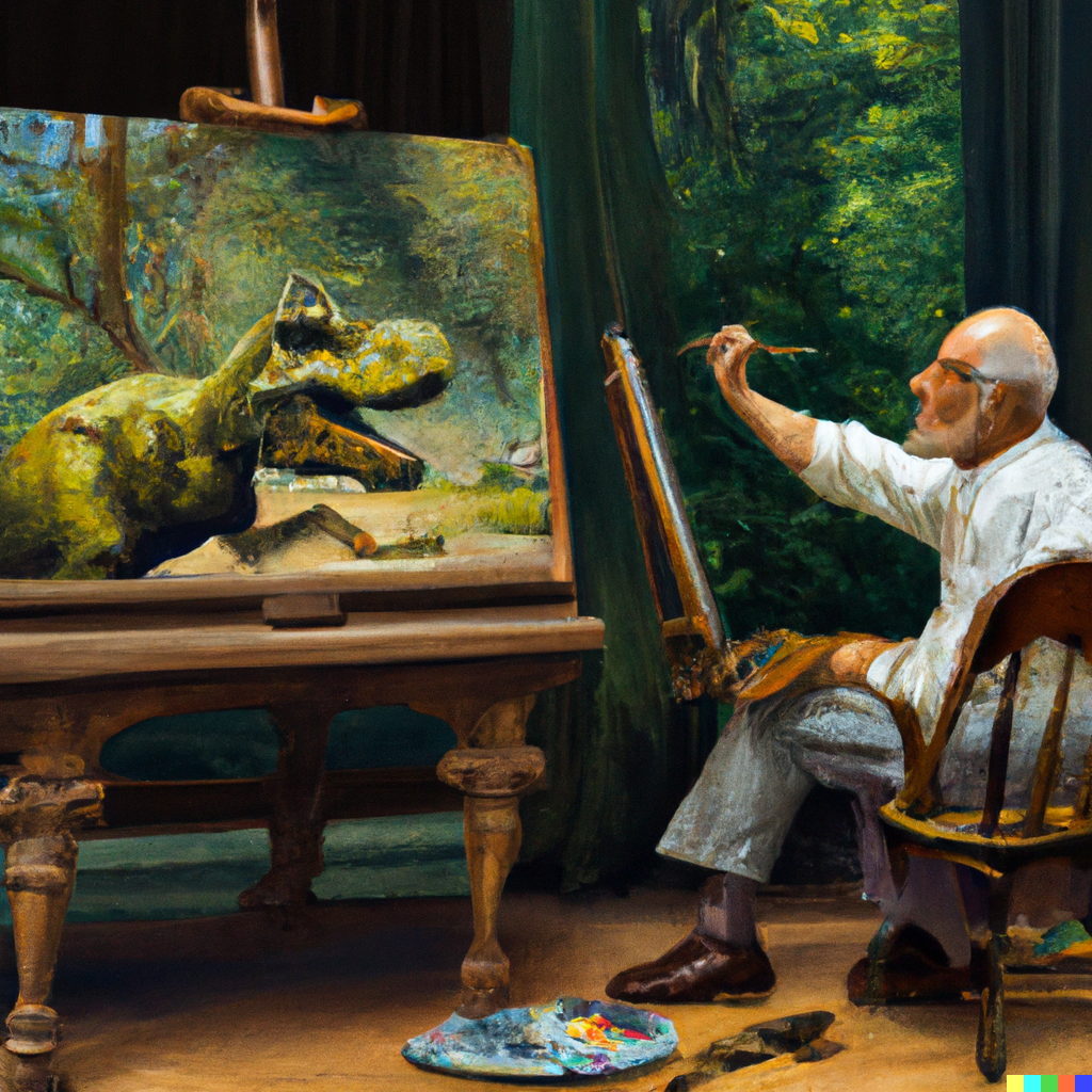 DALL·E 2022-07-12 12.57.07 - A photo of Vincent van Gogh painting a painting of a live T-rex, digital art .png