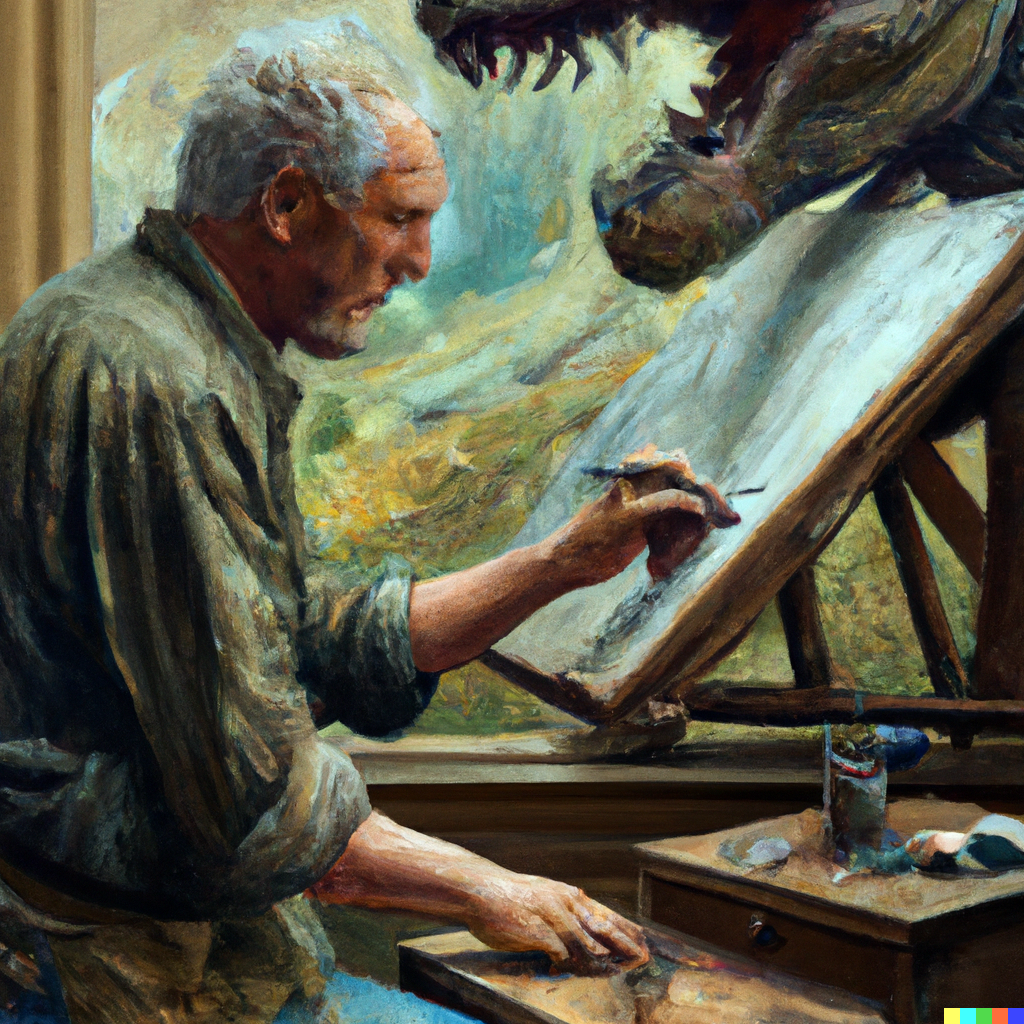 DALL·E 2022-07-12 12.56.23 - A photo of Vincent van Gogh painting a painting of a T-rex, digital art .png