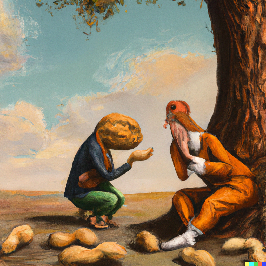 DALL·E 2022-12-06 11.15.20 - a renaissance painting a walnut and a peanut having a conversation under a tree, digital art .png